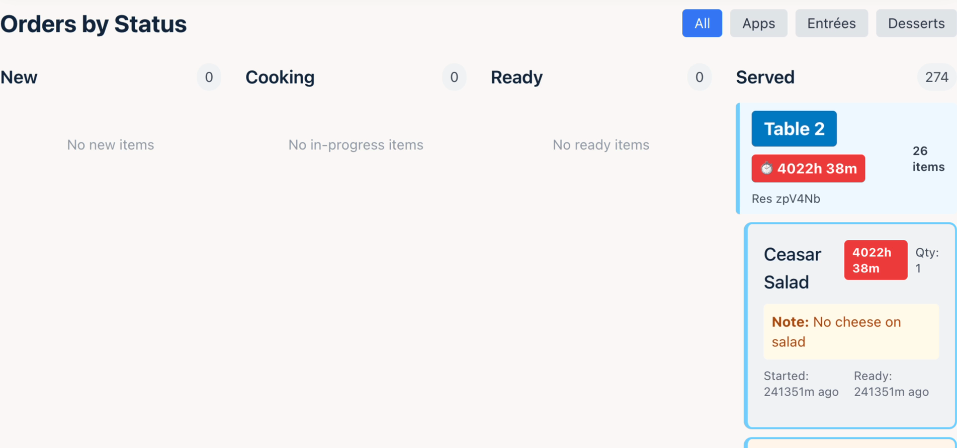 The Lion’s kitchen queue, with course filters and orders grouped by table and status. Timers in this archived recording are out of date.