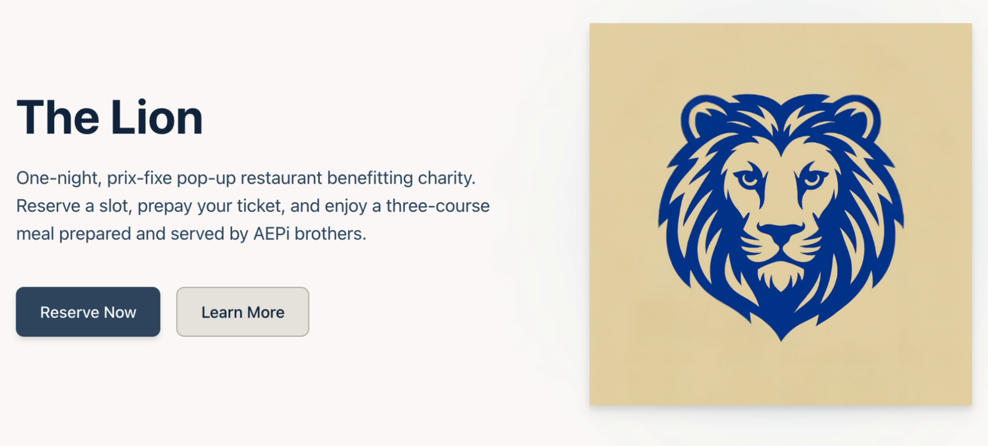 The Lion’s restaurant website, with its blue and gold lion and a welcome to the fundraiser.