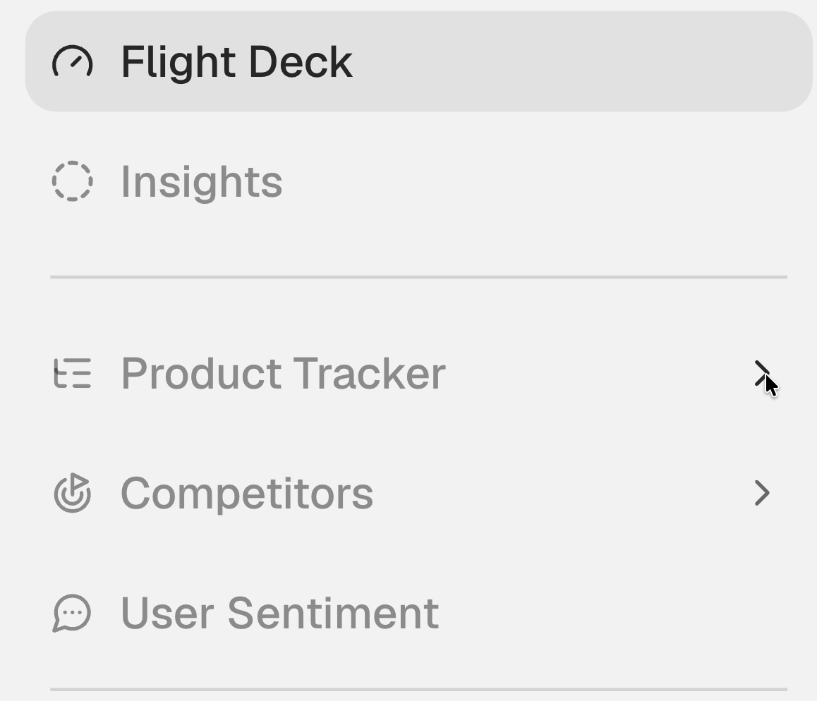 Pilot’s sidebar, with Product Tracker collapsed and the other groups below it.