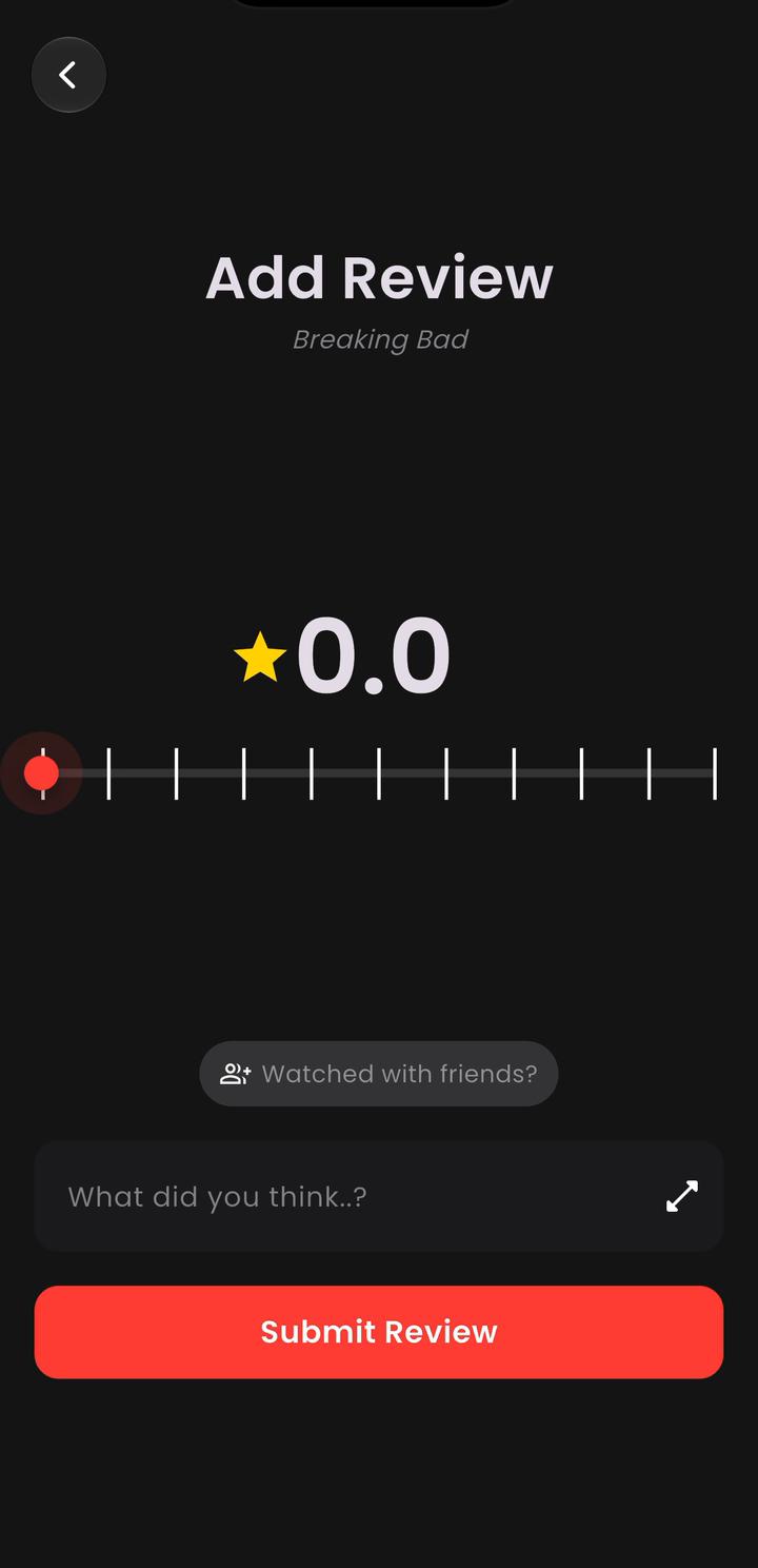 Reelate’s rating slider at 0.0, before a score has been chosen.