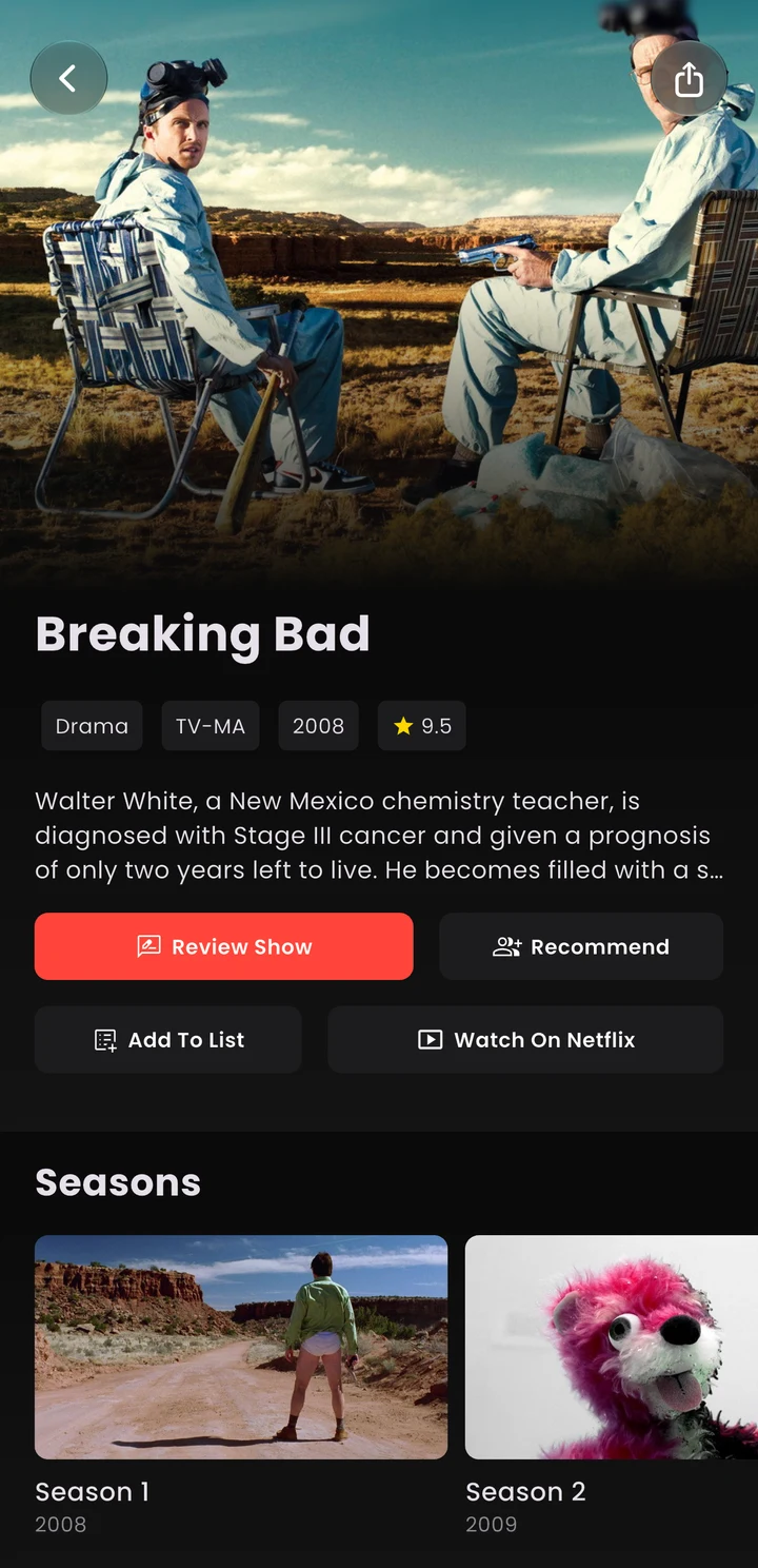 Reelate’s Breaking Bad title page, with review, recommendation, watch-list, and streaming options.